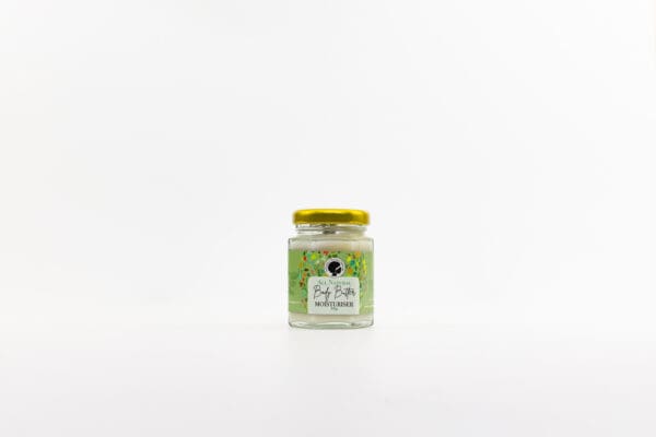 A jar of green tea with yellow lid.